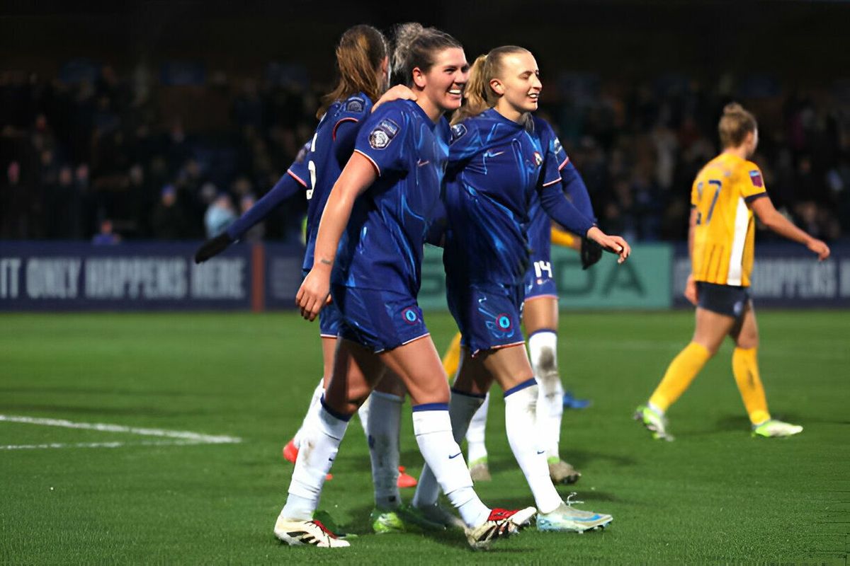Chelsea's Sjoeke Nusken (left) celebrates Chelsea's Sjoeke Nusken (left) celebrates scoring their side's fourth goal of the game with team-mates during the Barclays Women's Super League match at Kingsmeadow, Kingston upon Thames