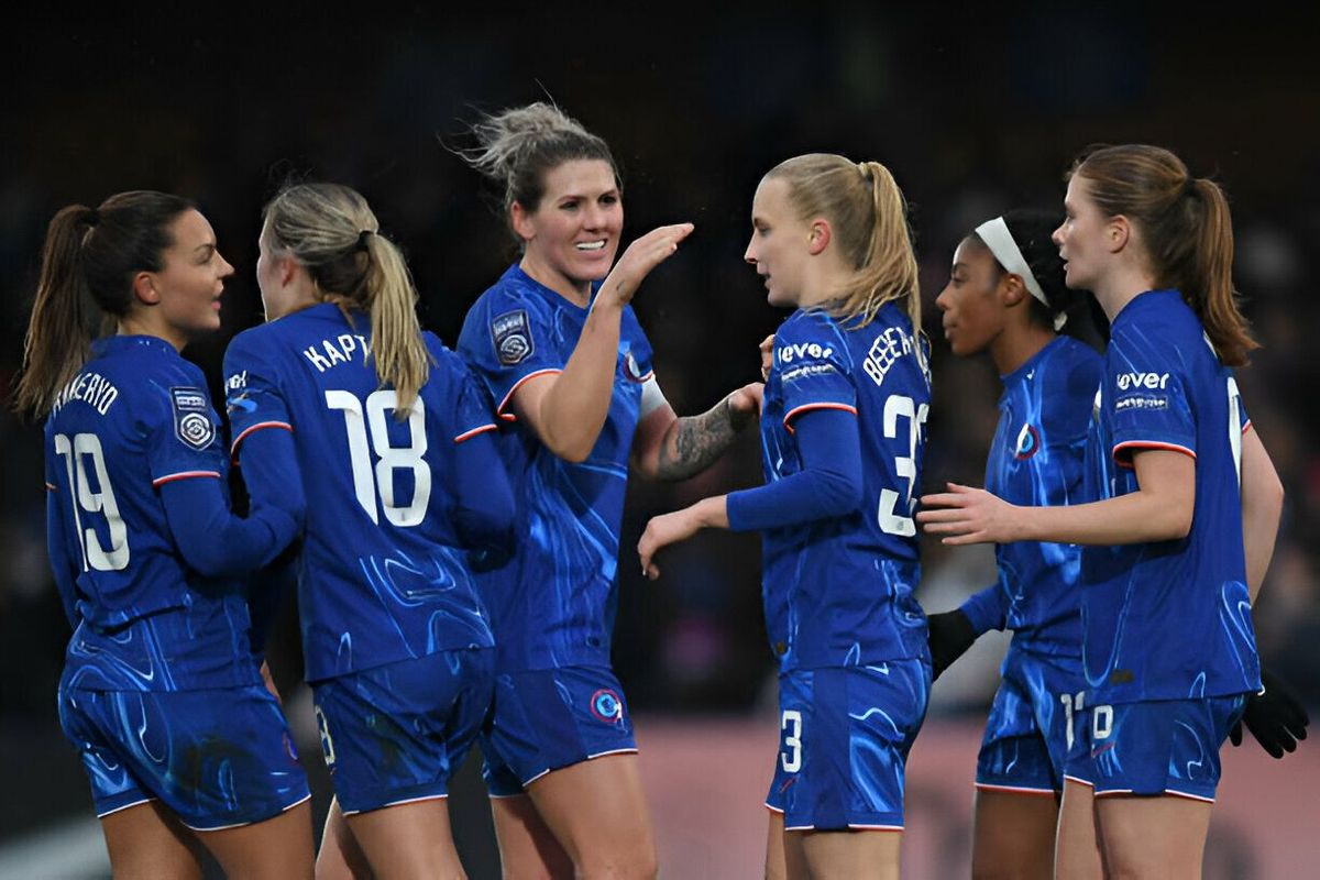 Aggie Beever-Jones of Chelsea celebrates Aggie Beever-Jones of Chelsea celebrates with teammates after scoring her team's second goal during the Barclays Women's Super League match between Chelsea and Brighton & Hove Albion at Kingsmeadow on December 08, 2024 in Kingston upon Thames, England.